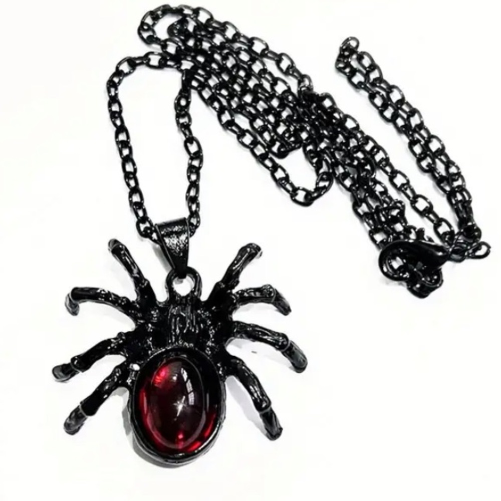 Black and Red Spider Pendant Necklace on 20” black chain Goth Halloween NEW NWT - Picture 3 of 7